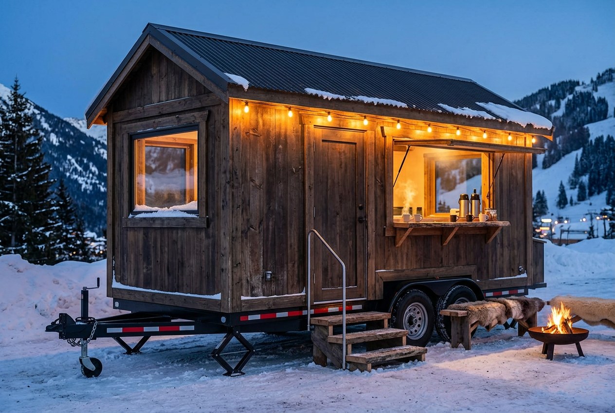 A dark timber coffee unit lit from inside at dusk, the hatch open over a counter of coffee gear, snow and mountains behind it